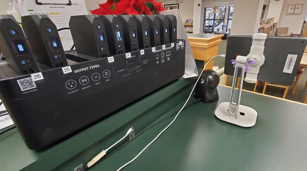 Omnicharge Power Station on a library counter
