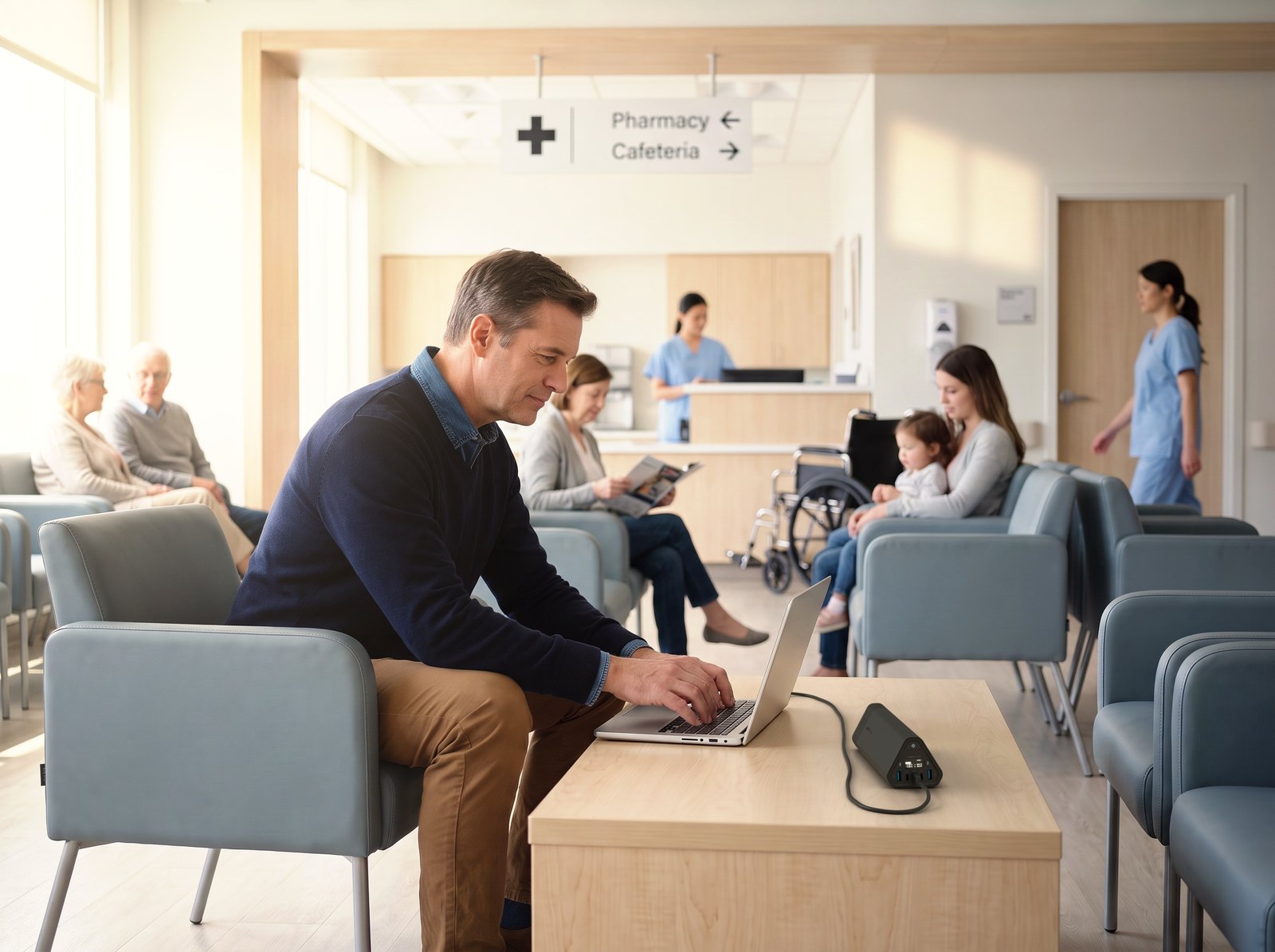 Man in a hospital waiting lounge working on a laptop powered by an Omni 40+ power bank